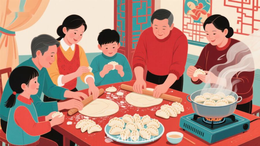 家庭围坐包饺子，温馨节日氛围 67