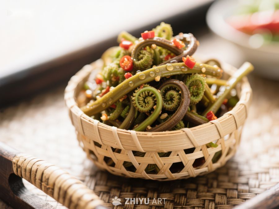 竹篮中的蕨菜拌辣椒 1811