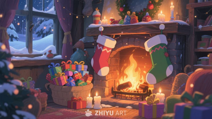 温馨圣诞夜，壁炉旁的礼物与袜子 211