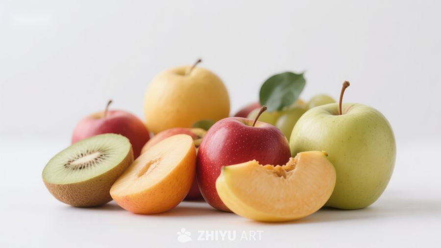 新鲜水果组合：苹果、猕猴桃与桃子