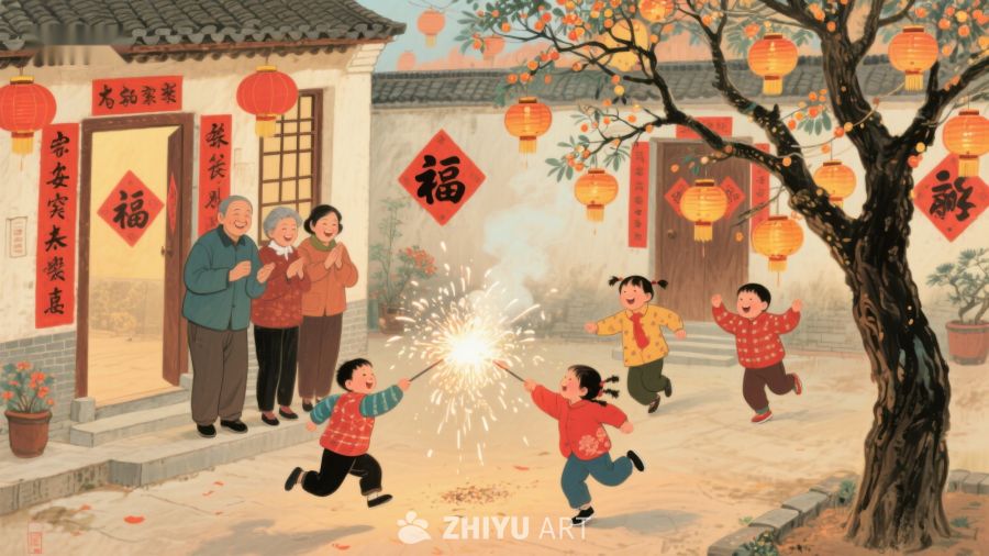 春节家庭欢聚，孩童燃放烟花 99