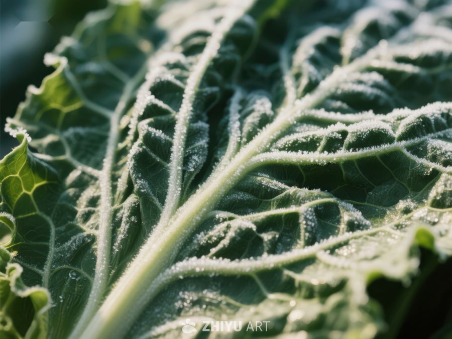 霜冻覆盖的绿色菜叶特写 338