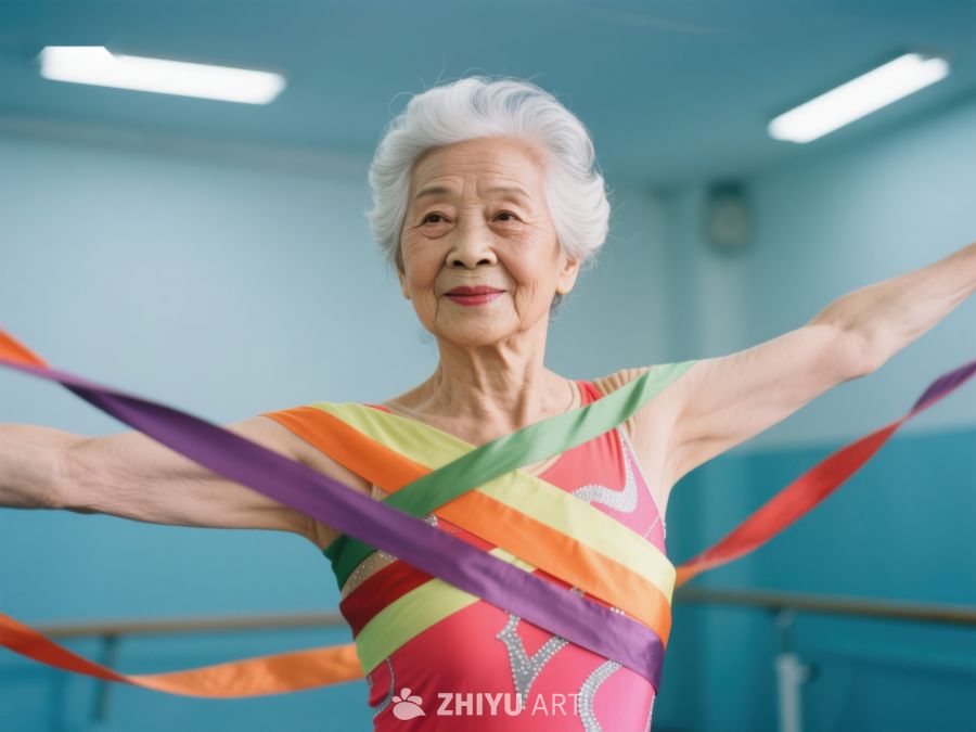 老年女性在舞蹈室挥舞彩带 292
