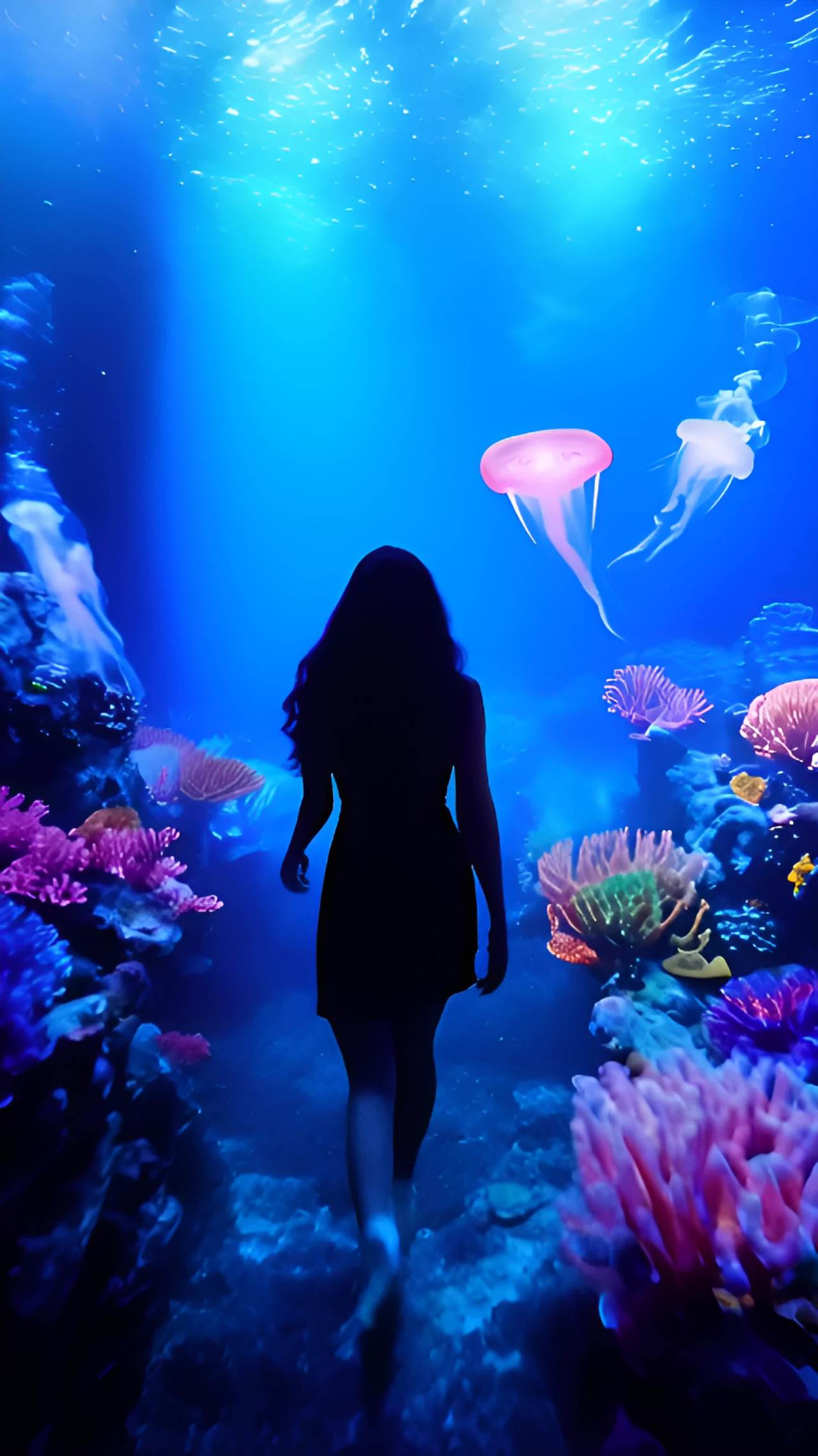 一位年轻女子在水下奇幻世界中探险，她的身影映衬在迷