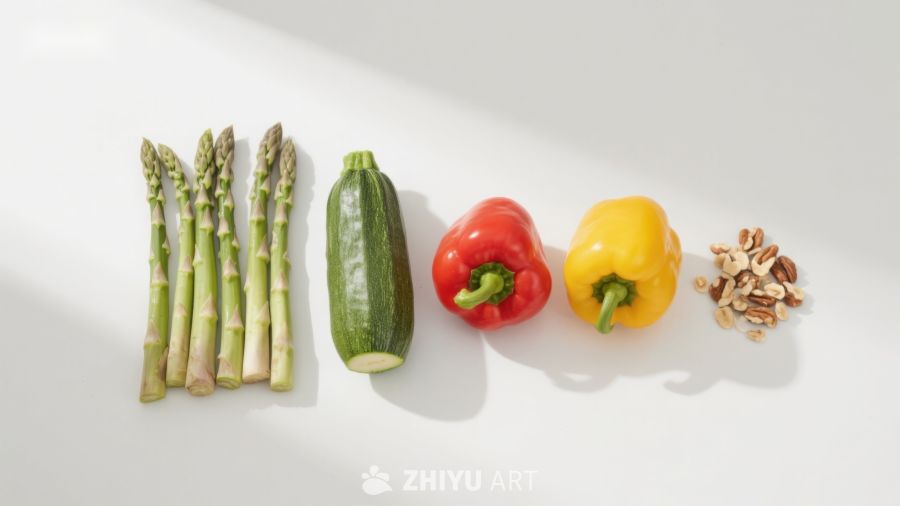 新鲜蔬菜与坚果排列展示