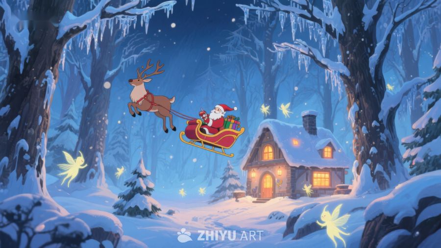 雪夜森林中的圣诞老人与驯鹿 284