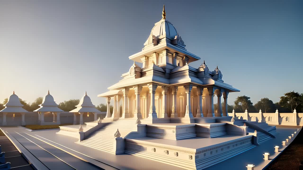 一座宏伟的白色寺庙矗立在蓝天下，庙宇建筑精美而简约