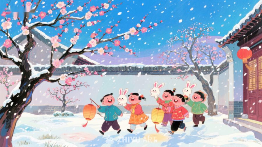 雪中嬉戏的儿童与梅花 1159