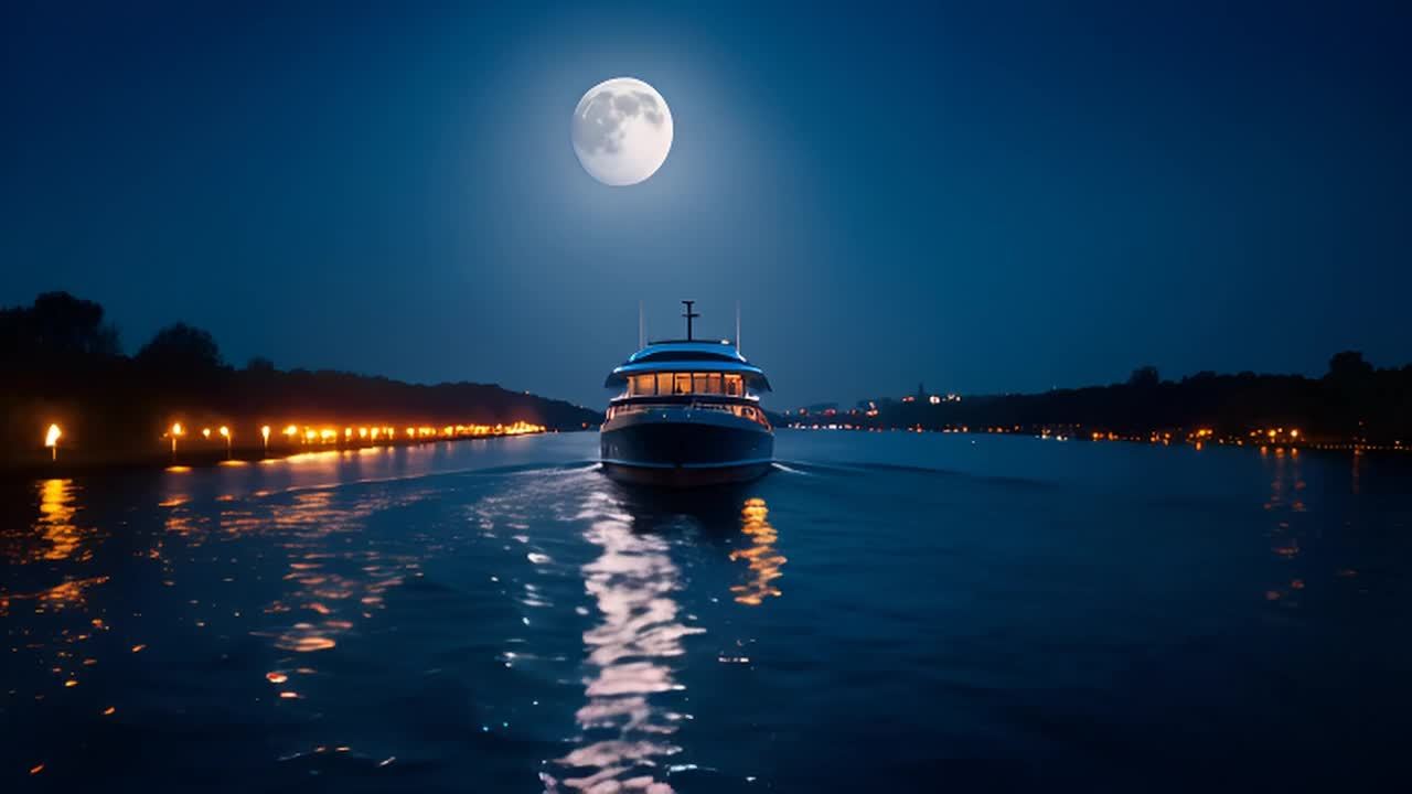 一艘游轮在平静的夜间水面上航行，月光照耀，远处的岸