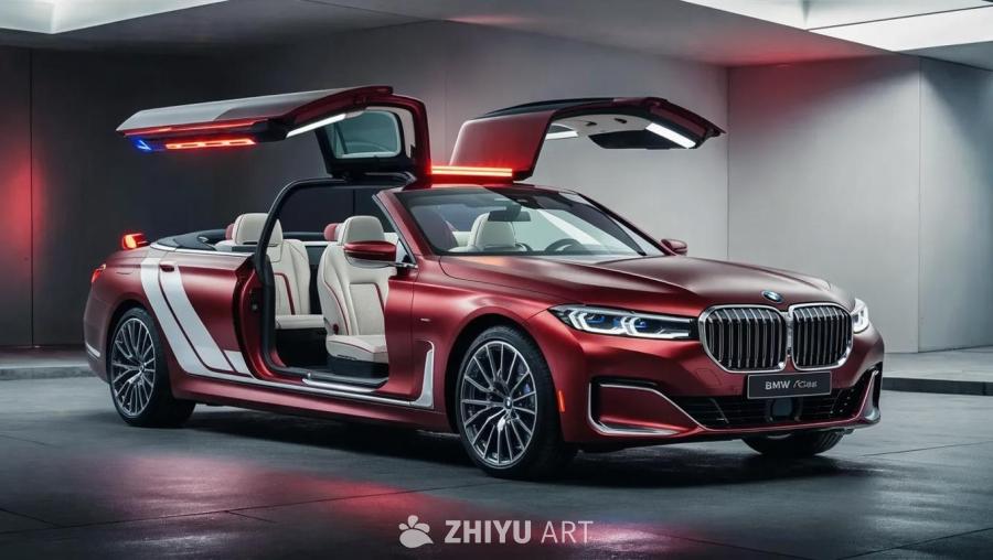 一辆2027年款的未来主义风格宝马7系敞篷救护车豪