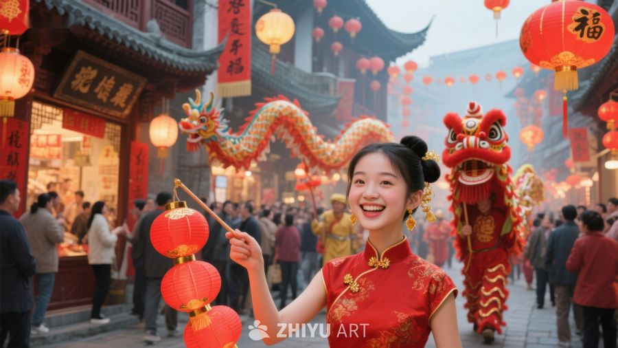 女子身着旗袍参与热闹春节庆典 705