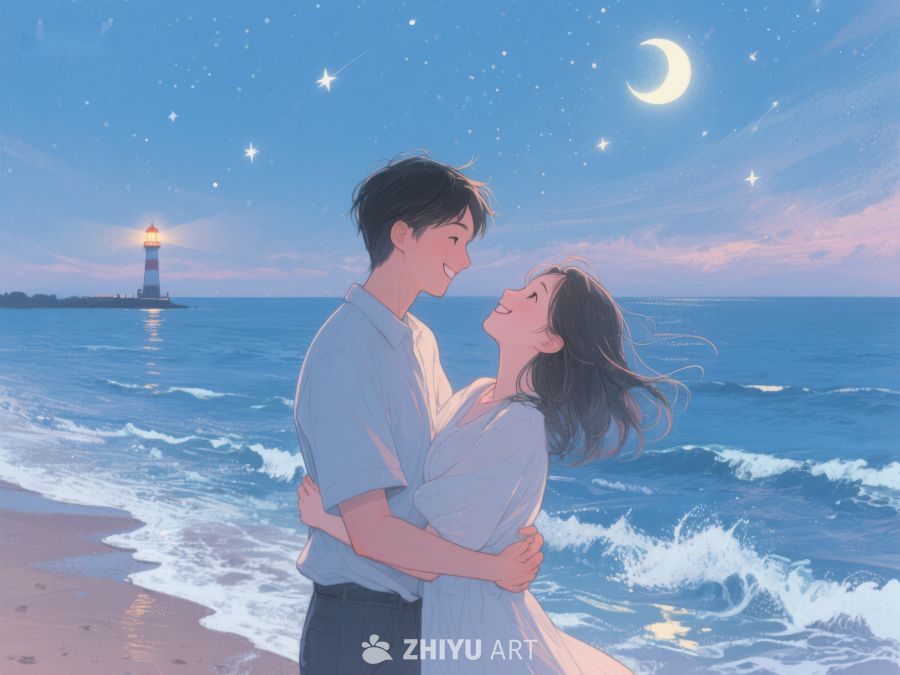 海边夜景下的情侣拥抱 248