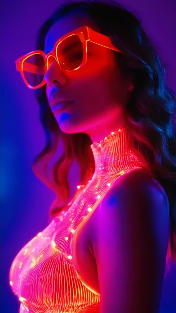 一个全身仿生发光女性看着观看者，带有未来主义复古蒸