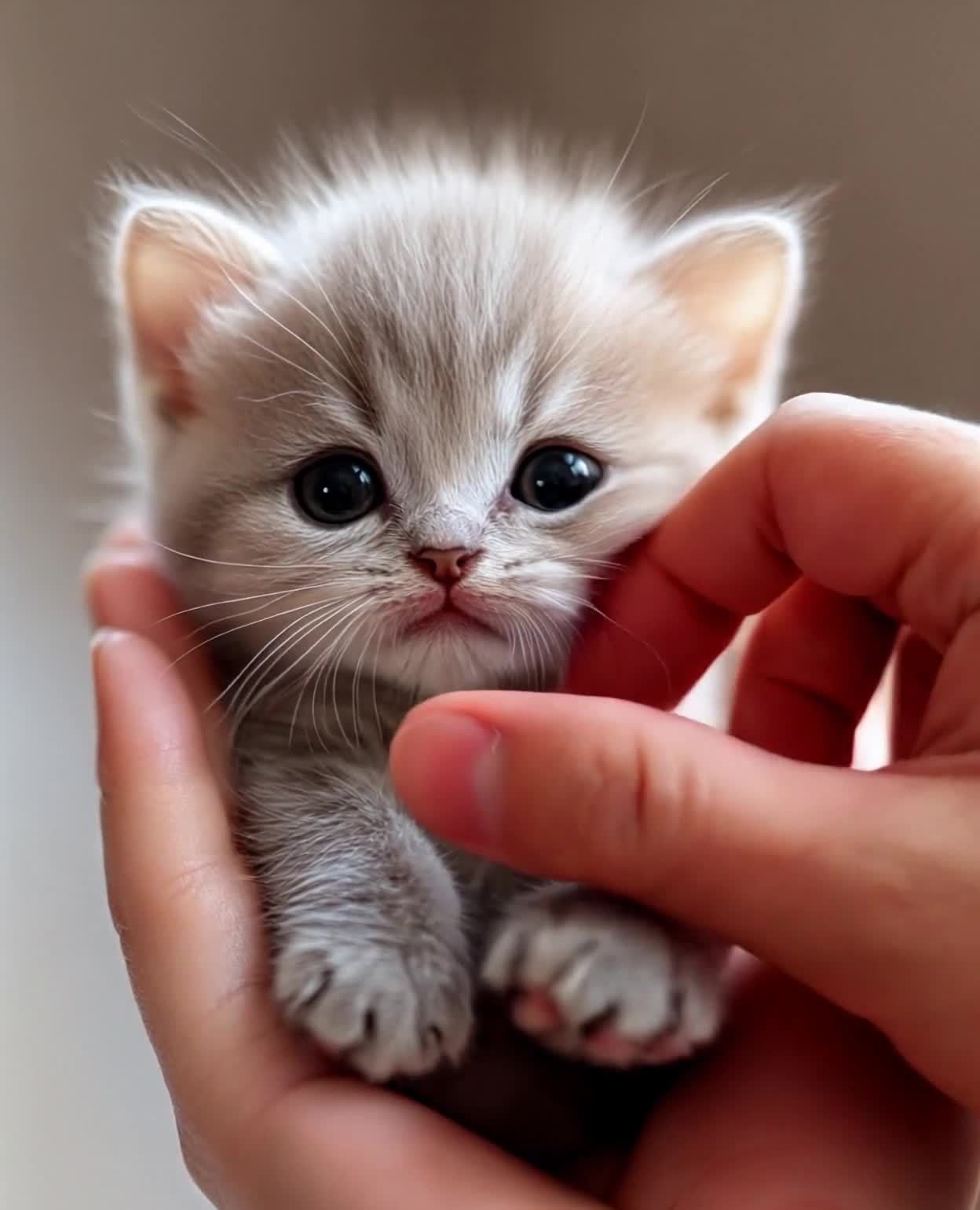 手托灰色小猫，爱抚头部，小猫轻声叫唤