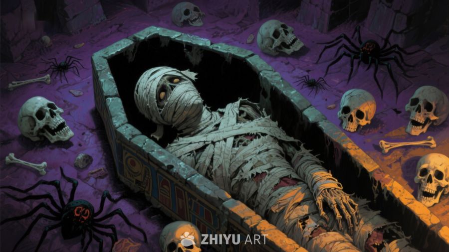 木乃伊躺在棺材中，周围散布骷髅与蜘蛛