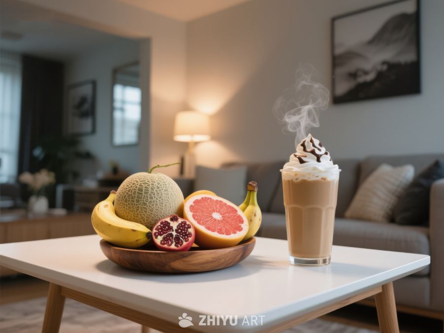 温馨客厅中的水果与热饮 571
