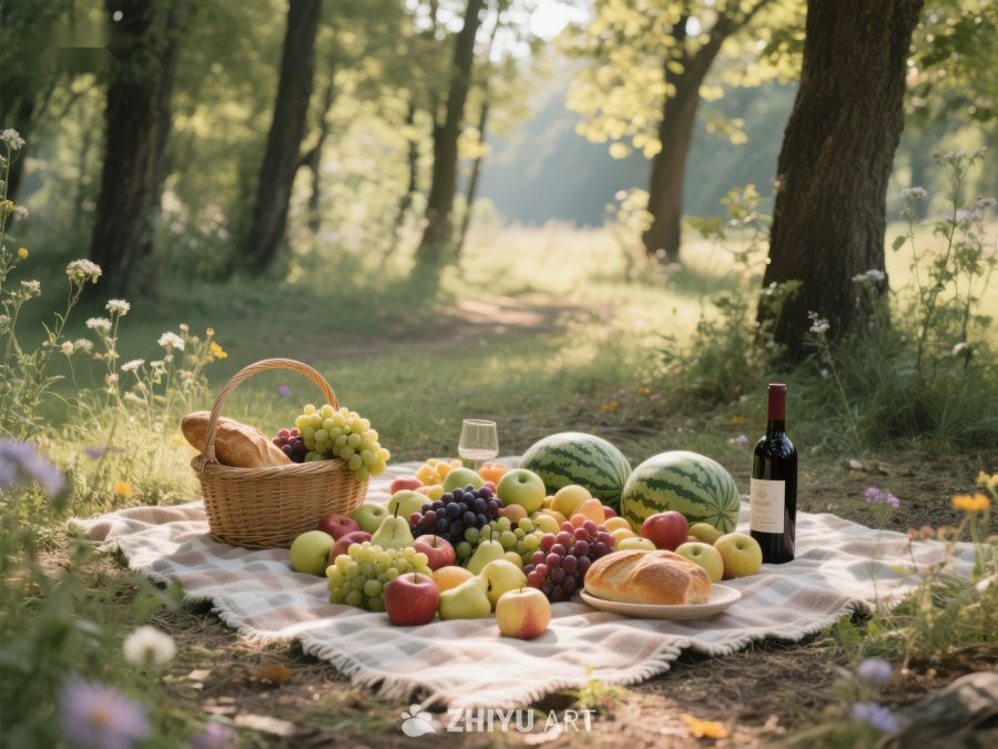 林间野餐，水果美酒相伴 314