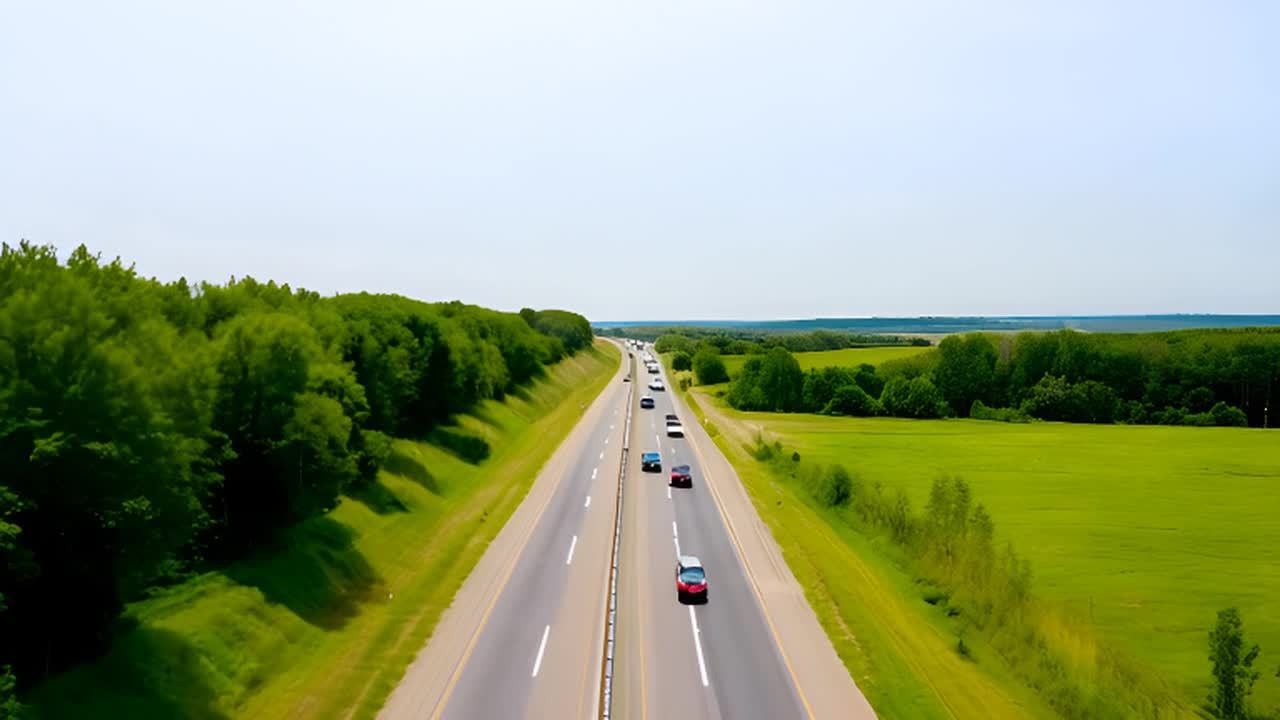 夏季，一条宽阔的高速公路从远处延伸，两侧是茂密的树