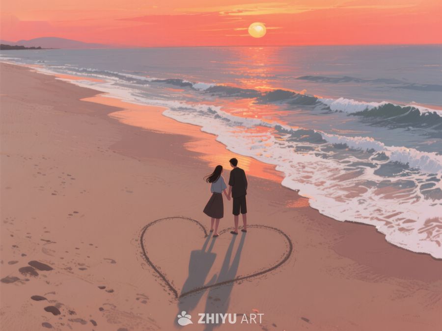 海滩日落，心形足迹旁的二人 290
