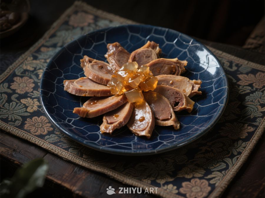 精致盘中的卤味肉片配以透明酱料 515