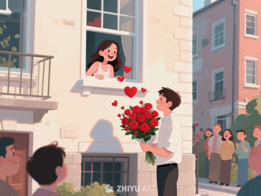 男子窗下献花，女子微笑回应 500