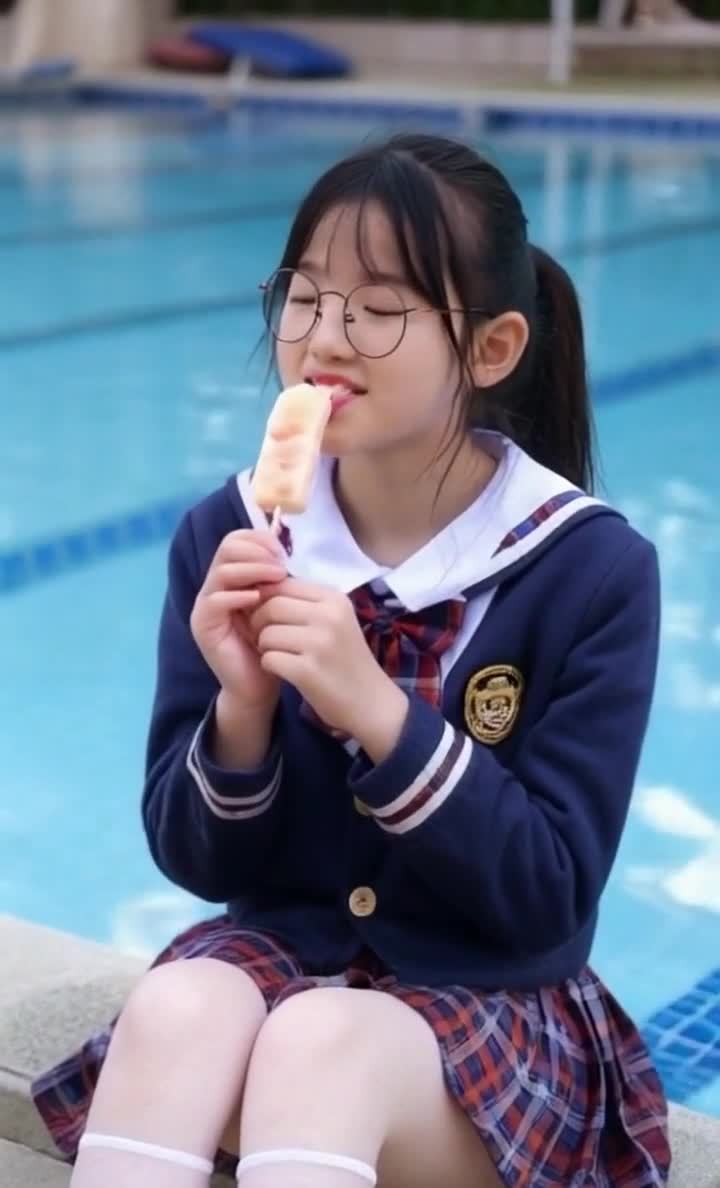 戴眼镜的女生在泳池边吃冰棍，笑容甜美。