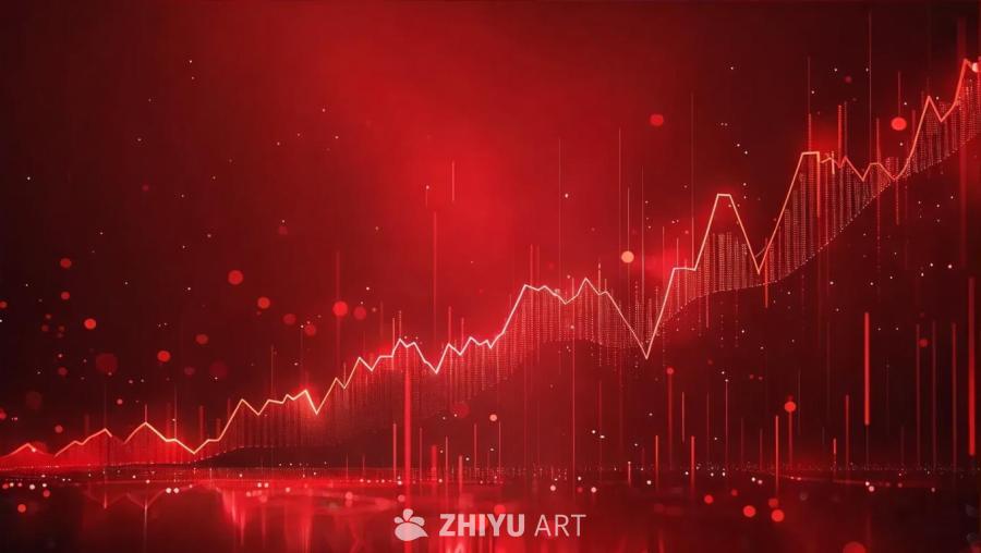 红色的背景上，一条白色的折线图逐渐下降。背景中有许