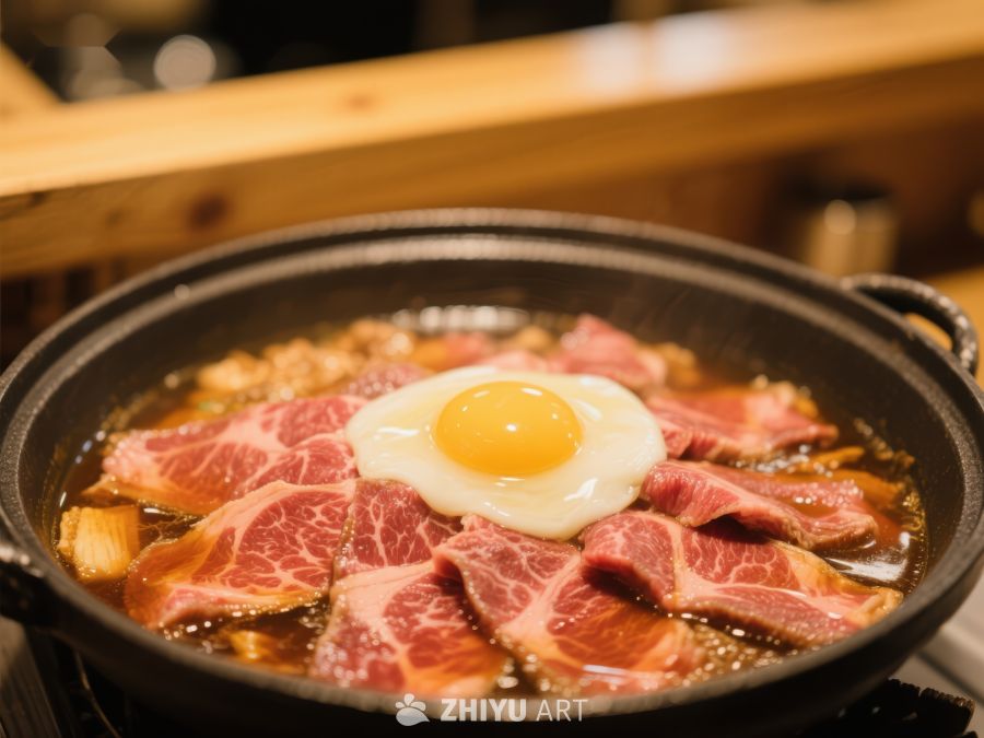 铁锅煎肉配蛋黄，美味诱人 706