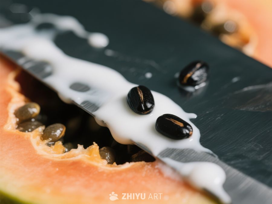 切开的木瓜与刀上的种子 403