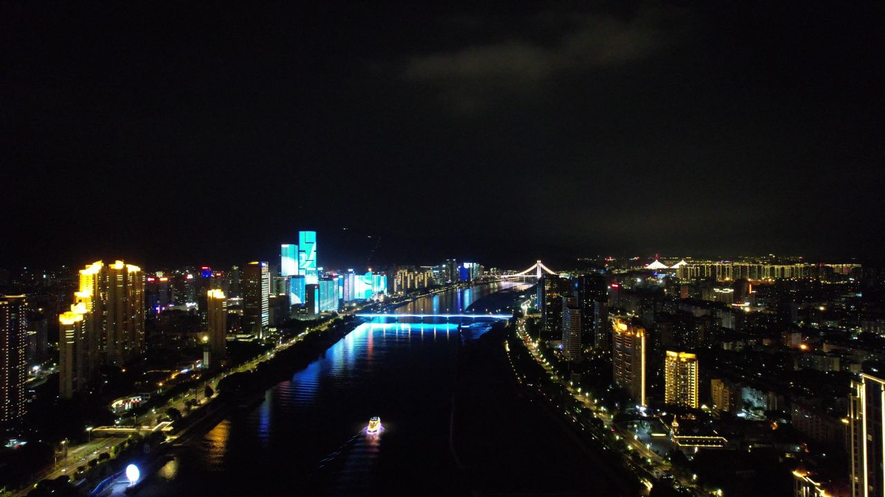 福建福州闽江夜景灯光中洲岛万达广场航拍