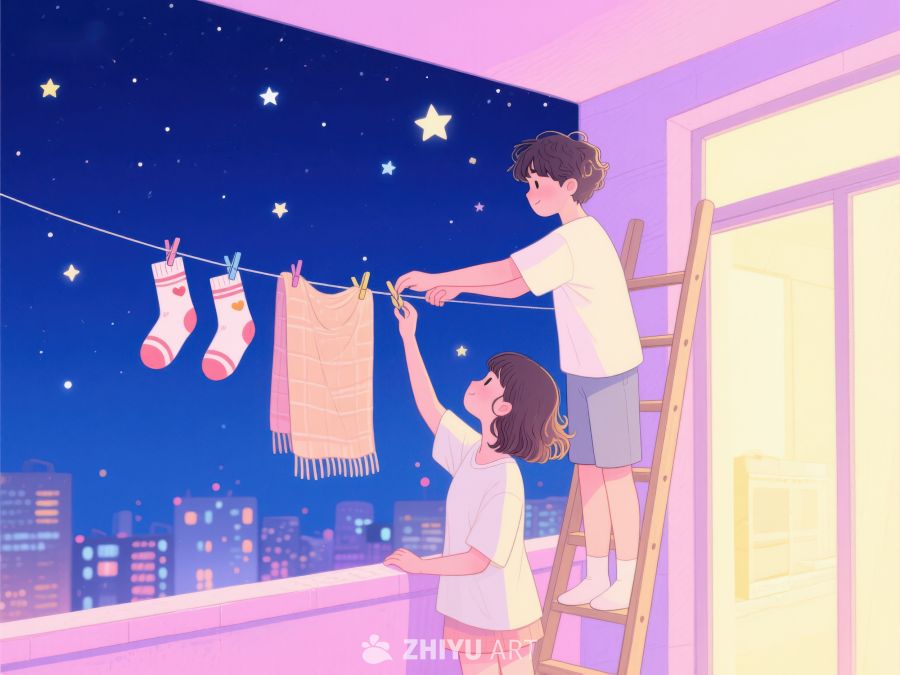 夜晚阳台晾衣的温馨时刻 1098