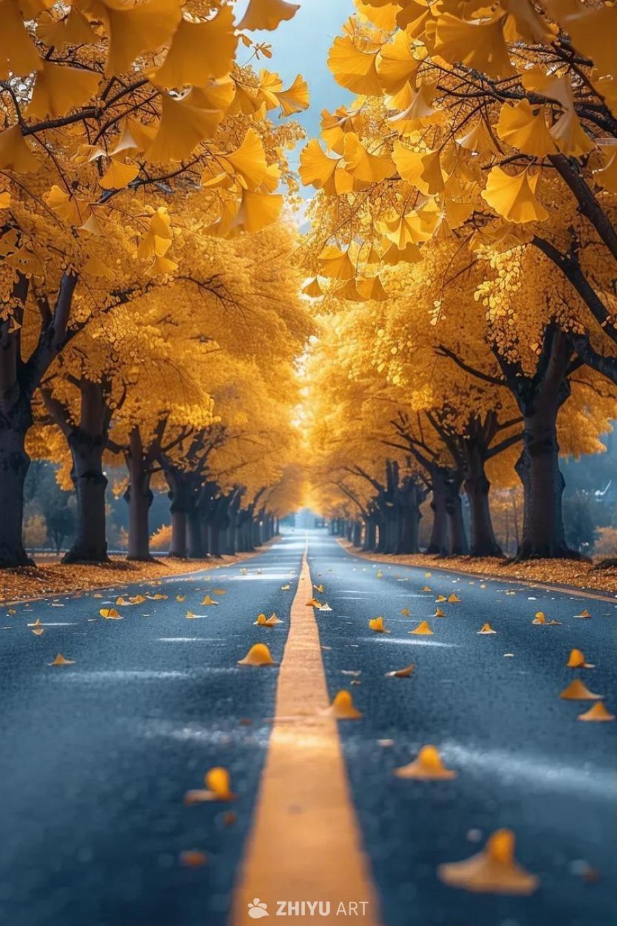 一条道路两侧排列着银杏树。路面呈蓝色，中央有一条黄