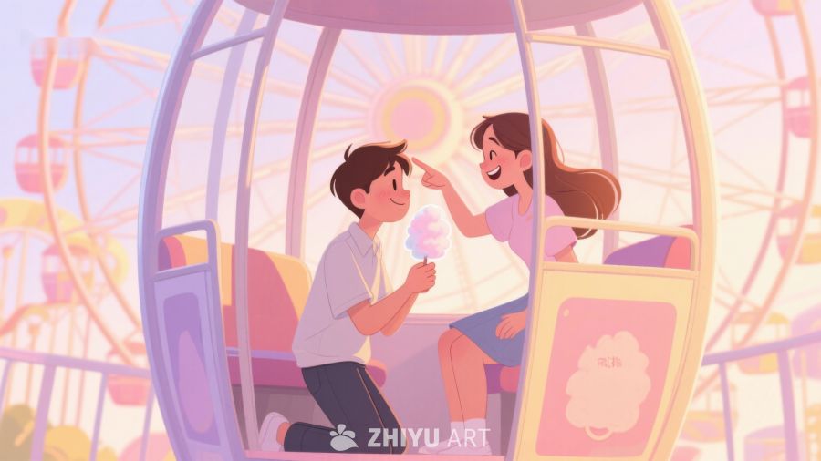 情侣在摩天轮上共享棉花糖 258