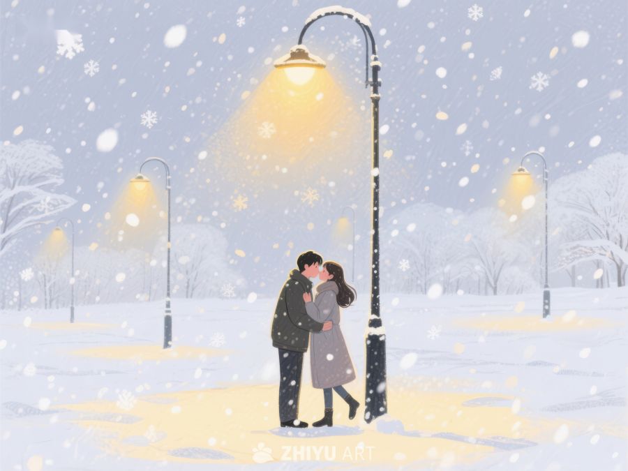雪夜路灯下的浪漫情侣 888