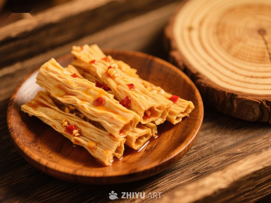 木质盘上的美味豆皮零食 1053