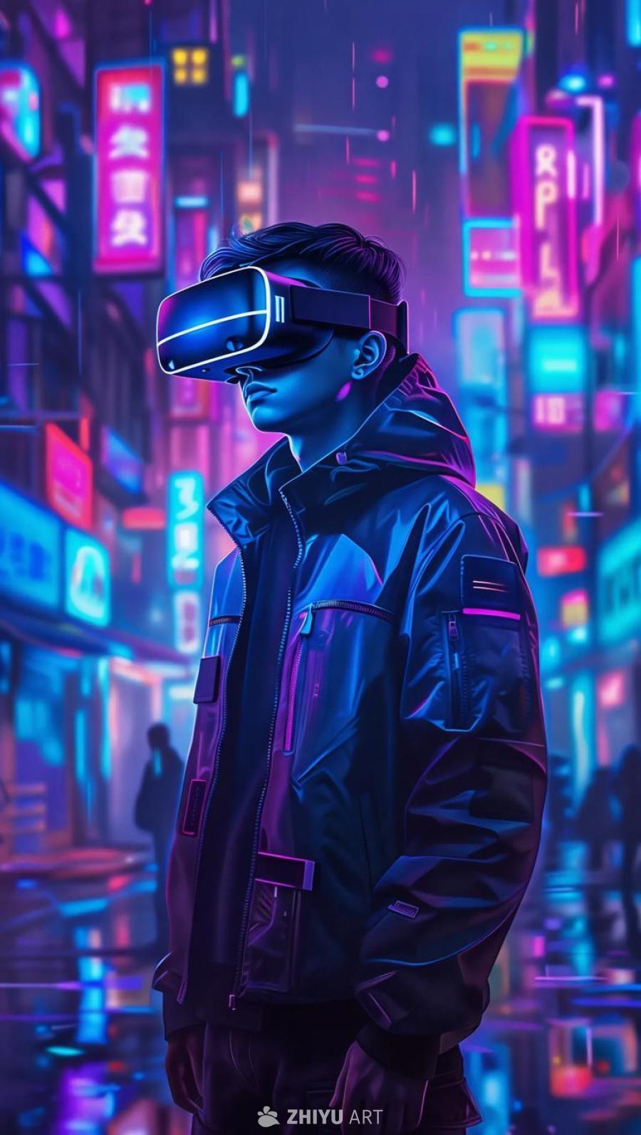 一名年轻男子站在霓虹灯闪烁的赛博朋克城市中，他头戴