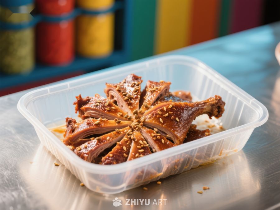 美味酱鸭切片装在透明塑料盒中