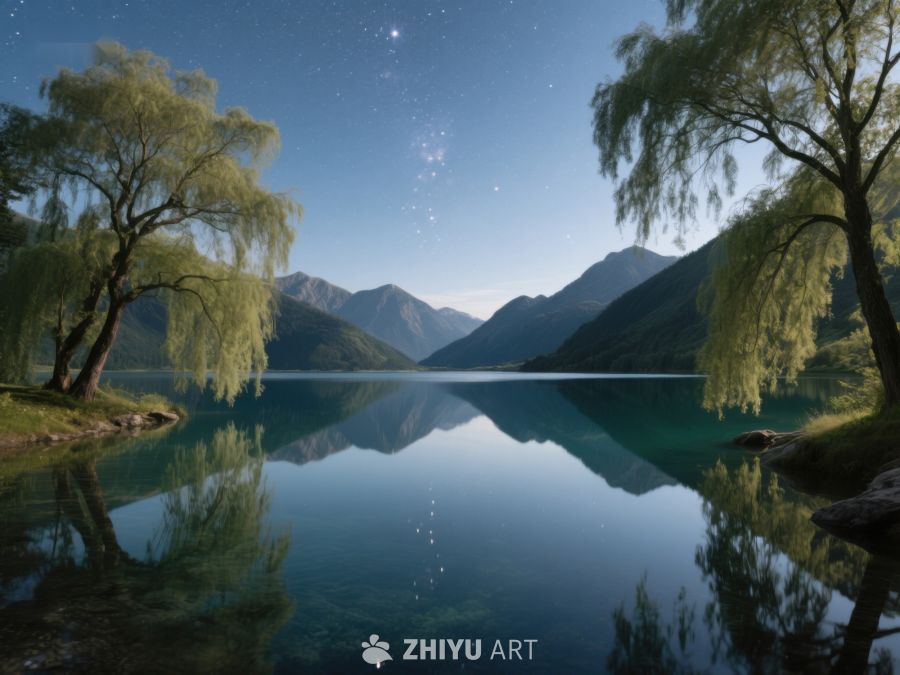 宁静湖畔夜景，星光与树影相映 56