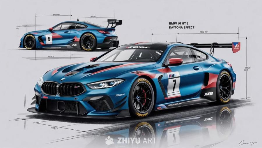 蓝白红三色相间的宝马M8 GT3赛车设计蓝图，采用