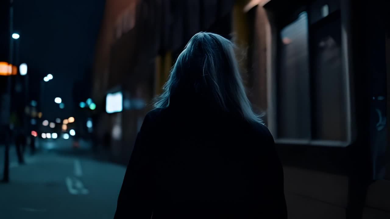 一个穿着连帽衫、有着长灰色头发的人，在夜晚昏暗的街