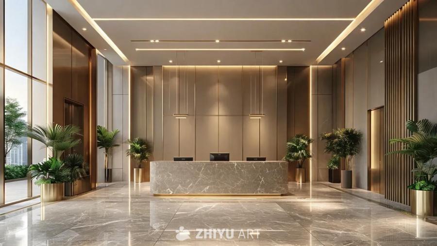 一个商业建筑的入口大厅，层高3.6米。接待台沿着大