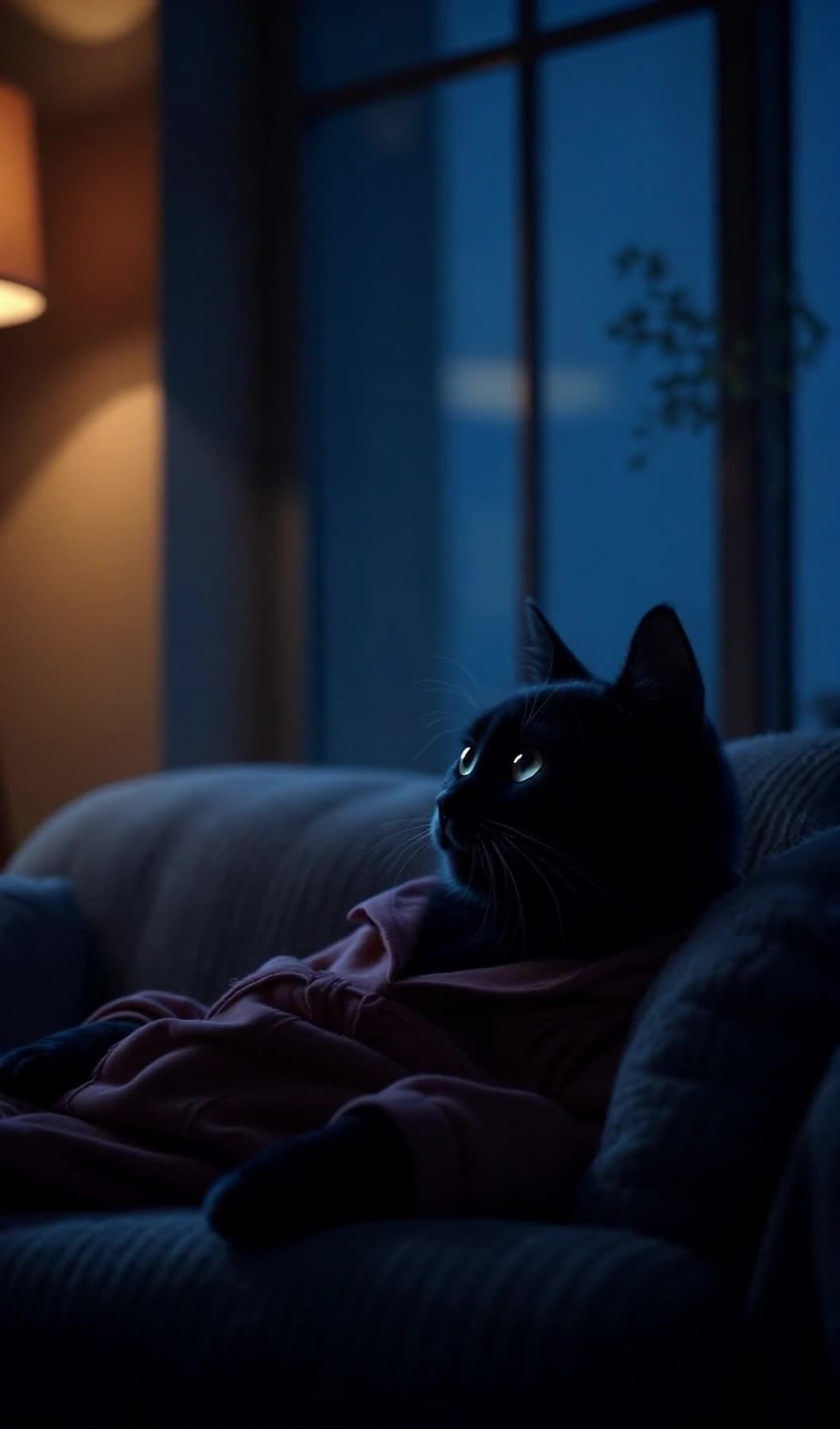 穿着粉色衣服的黑猫在沙发上凝视窗外。