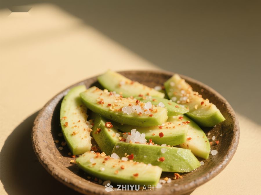 新鲜牛油果片撒上辣椒粉和海盐 677