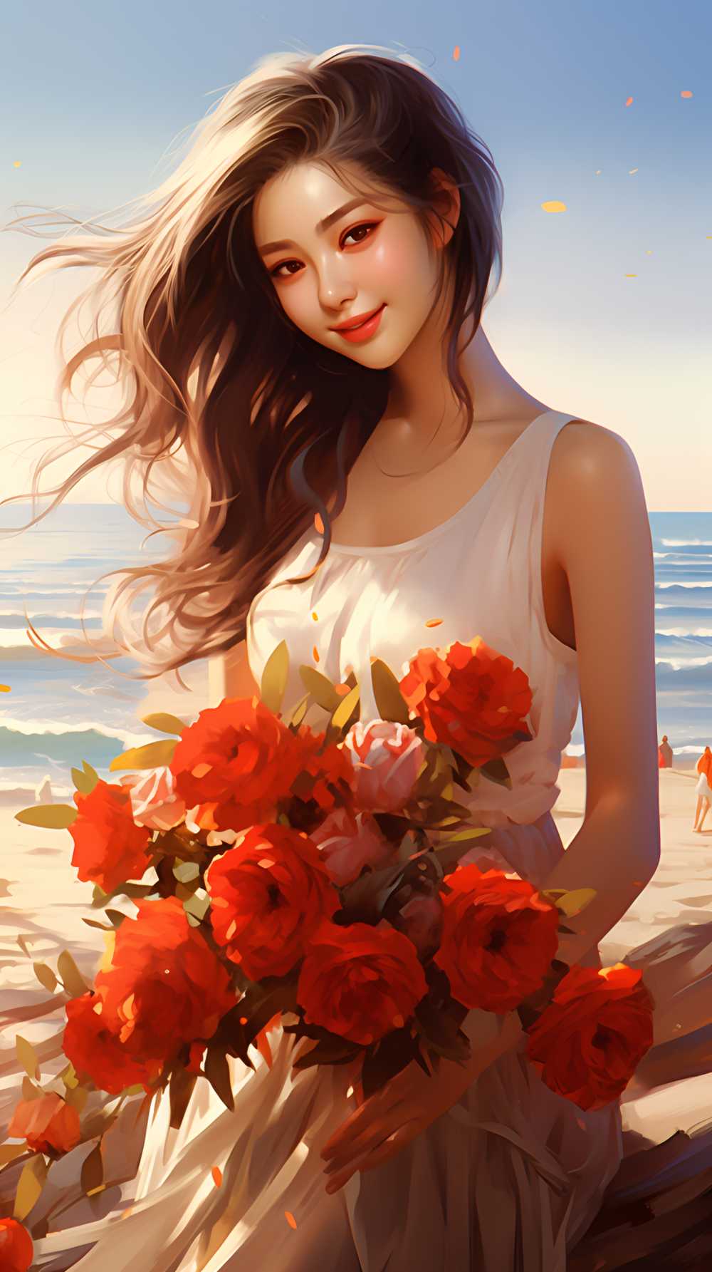 手拿花花的插画美女