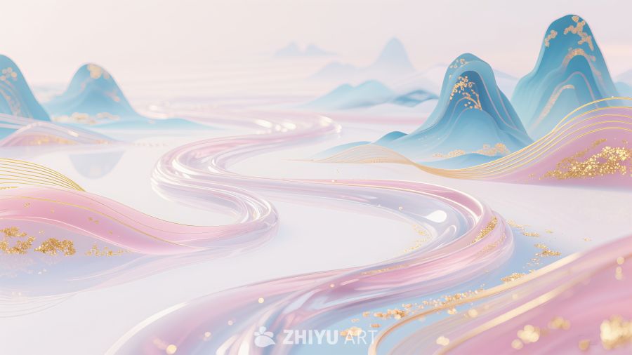 金箔中国风山水河流插画背景素材 8