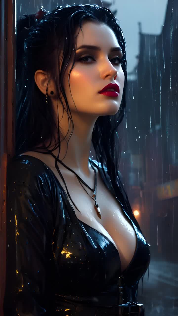 这位女士穿着一件黑色皮衣，湿漉漉的头发贴在脸上。她