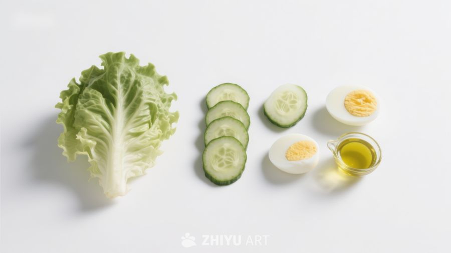 生菜黄瓜鸡蛋与油的食材组合