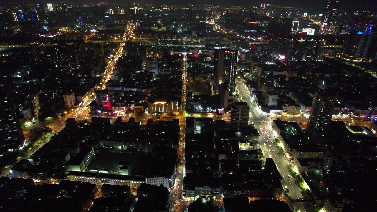 云南昆明城市夜景灯光航拍