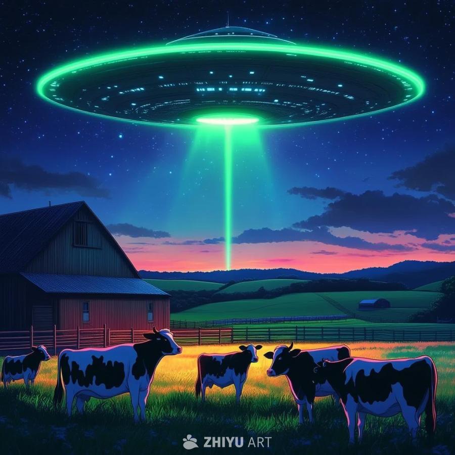 夜间，农场谷仓上空盘旋着一艘外星飞船，奇异的光芒笼