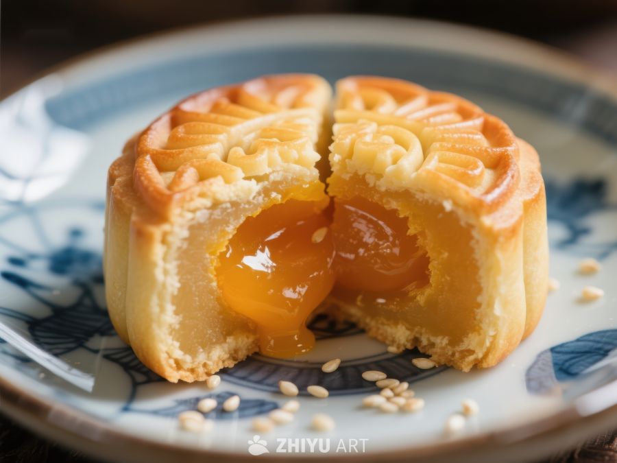 金黄月饼切开露出流心馅料 496